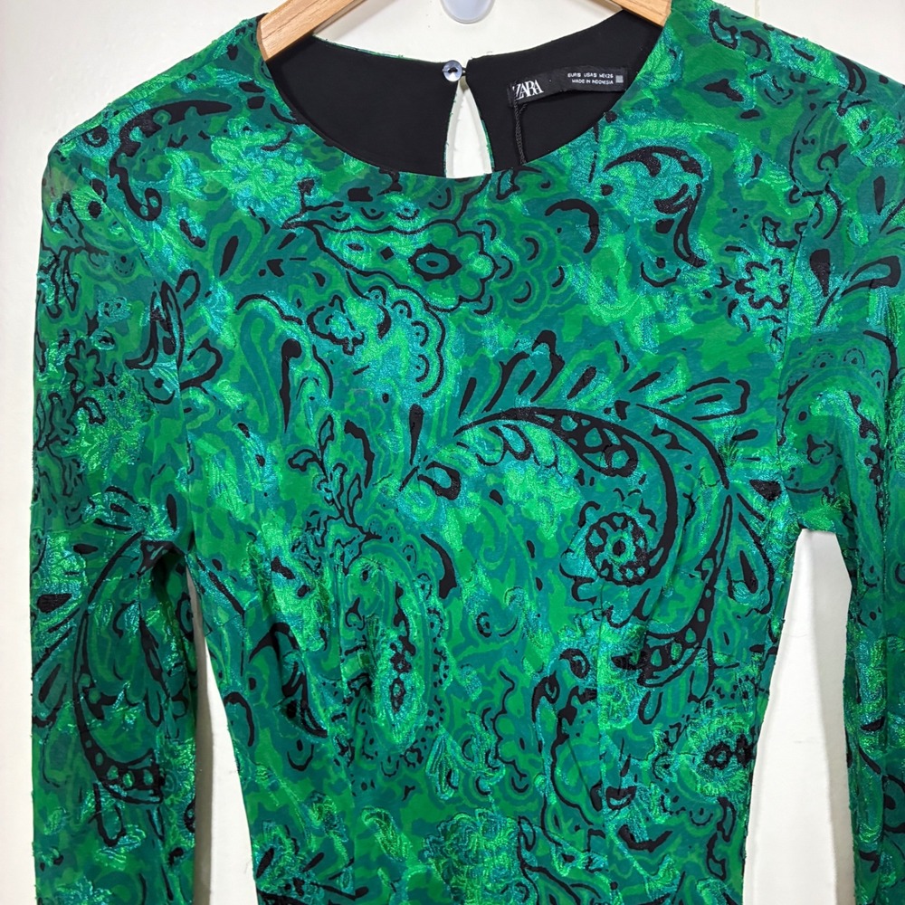 Zara Fairy Jacquard Maxi Dress Size S Green Mermaidcore Art to Wear Body Con - Picture 8 of 12